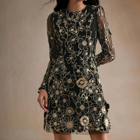 Women Floral Embroidered Mesh Round Neck Elegant Long Sleeve Short Mini Dress - Picture 1 of 5